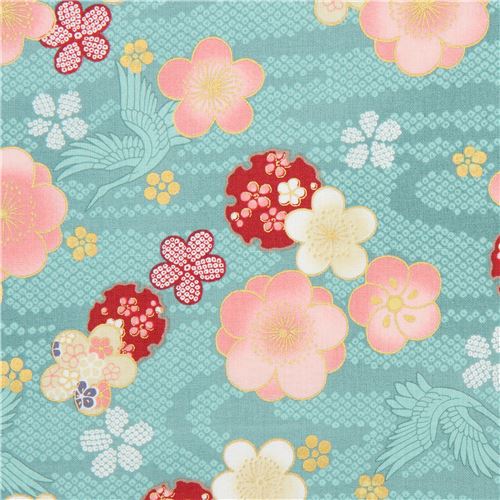 turquoise with flower gold metallic embellishment fabric from Japan