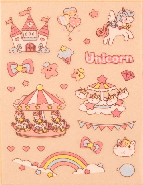 unicorn stamp castle merry go round pink glitter stickers word pink kawaii 2