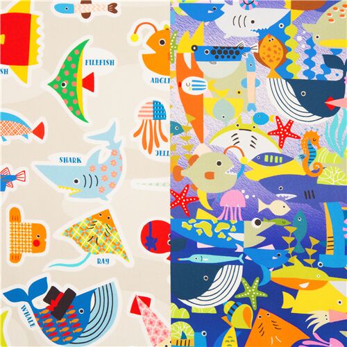 unique two in one print Japan cotton sheeting fabric with marine animal theme  Fabric by Japanese Indie - modeS4u