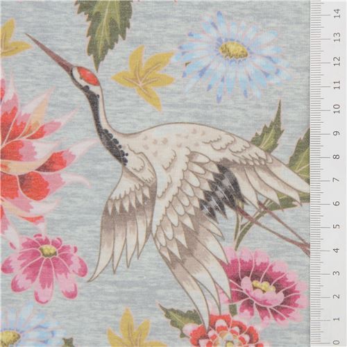 vintage crane and flower melange jersey knit fabric - modeS4u