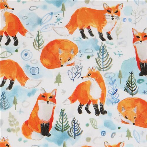 watercolor fox and leaf pattern fabric by Dear Stella in white - modeS4u