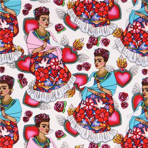 tessuto bianco Frida Messico cuori colombe della pace Folk Frida Tessuto