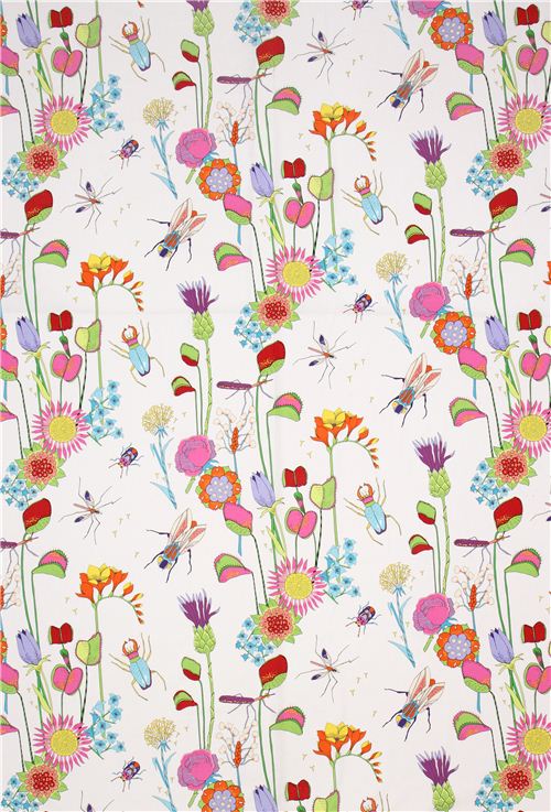 white Insect flower fabric The Tropix Alexander Henry USA Fabric by ...