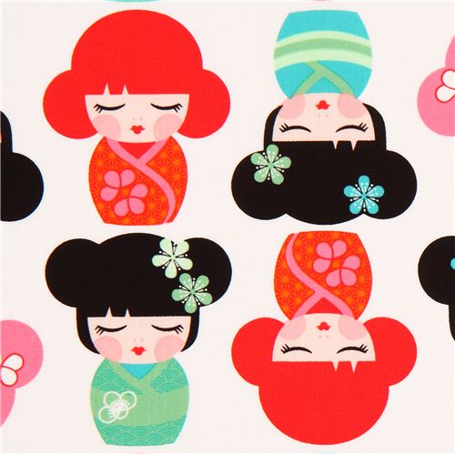 white Kokeshi doll fabric par Robert Kaufman USA 1