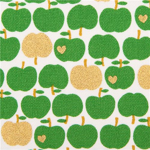 white Kokka oxford fabric green apple with gold metallic 1