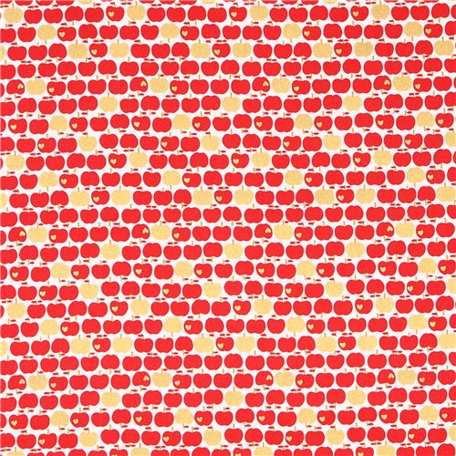 white Kokka oxford fabric red apple with gold metallic 2