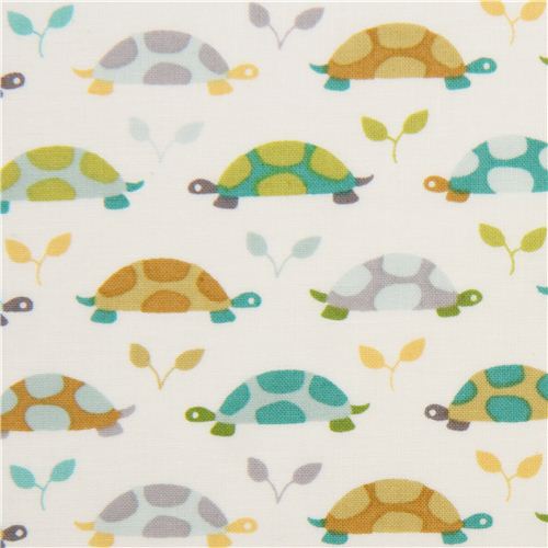 white Michael Miller animal fabric with teal turtles Fabric
