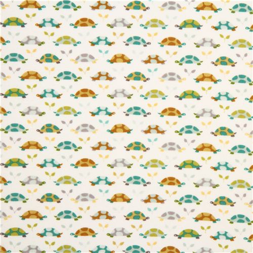 white Michael Miller animal flannel fabric with teal turtles 2