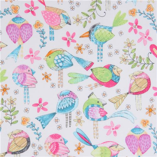 Tela blanca con lindos pájaros de colores de Michael Miller Tweet Me Tela