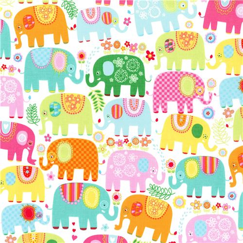 white Michael Miller fabric colorful pink lime green elephant Happy ...