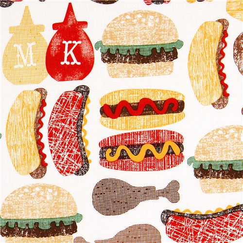 white Michael Miller fabric ketchup & mustard fast food 1