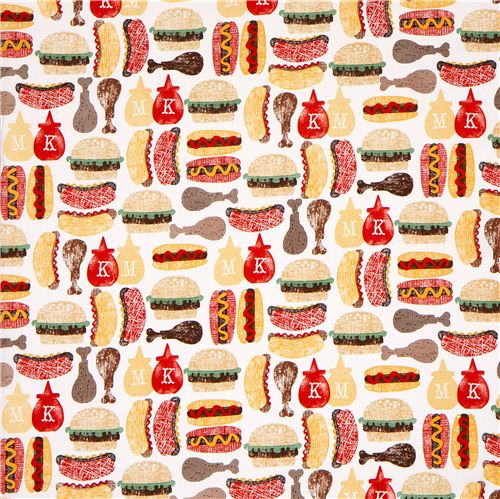 white Michael Miller fabric ketchup & mustard fast food 2