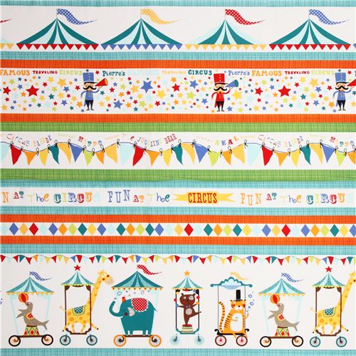 white Michael Miller fabric with circus animals in stripes 2