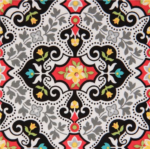 white Michael Miller flower fabric with black ornaments Fabric