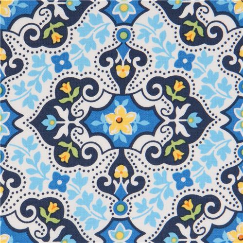 white Michael Miller flower fabric with blue ornaments 1