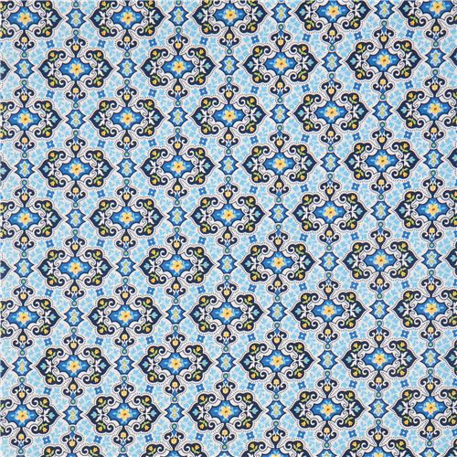white Michael Miller flower fabric with blue ornaments 2