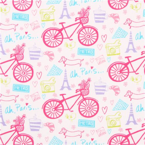 white Paris bicycle fabric with Eiffel Tower by Timeless Treasures USA 1