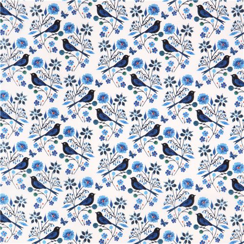 white 'Perched Birds' bird flower Cloud 9 organic cotton fabric by ...