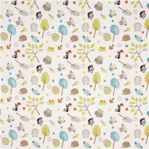 white Riley Blake animal fabric owl hedgehog hippo monkey 2