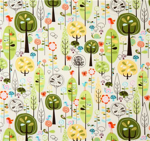 white Riley Blake fabric forest with birds mushrooms 1