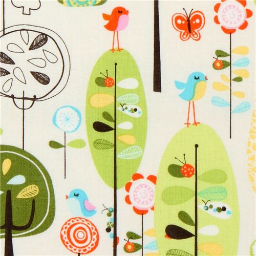 white Riley Blake fabric forest with birds mushrooms 2