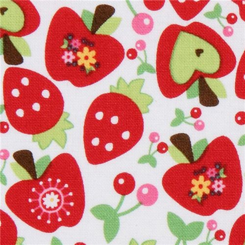 weisser Riley Blake Stoff Herz-Apfel Erdbeeren Kirschen 1