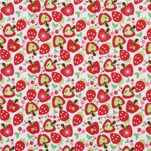weisser Riley Blake Stoff Herz-Apfel Erdbeeren Kirschen 2