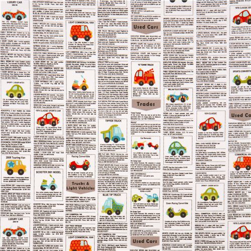 white Riley Blake fabric with cars newspaper ad USA 2