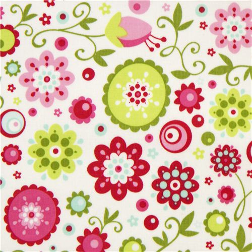 white Riley Blake laminate fabric with colourful flowers USA 1