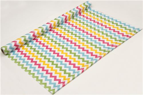 white Riley Blake laminate fabric zig-zag pink-yellow 3