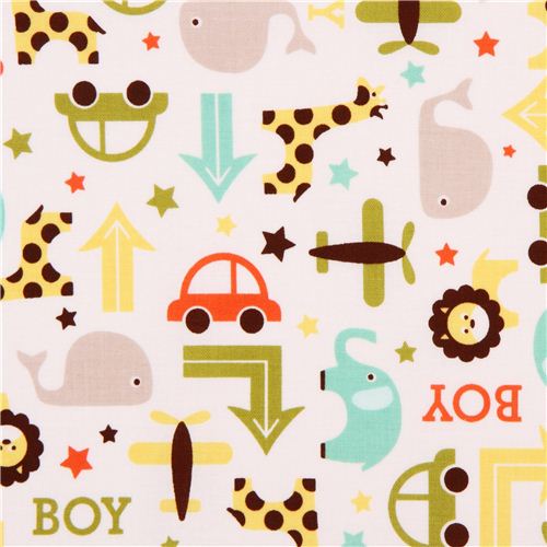 white Riley Blake toy animal fabric Oh Boy 2