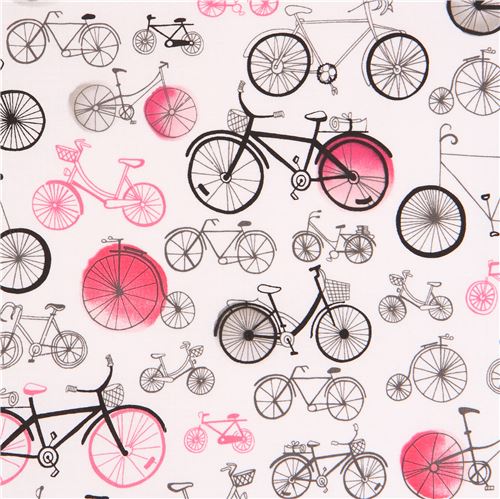 white Robert Kaufman black pink grey bicycle fabric 1