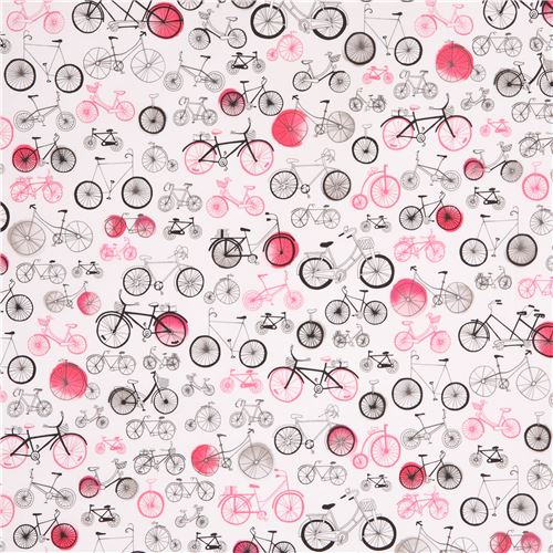 white Robert Kaufman black pink grey bicycle fabric 2