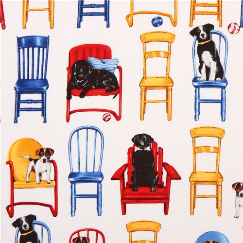 Tela blanca perros en sillas de colores Robert Kaufman Everyday