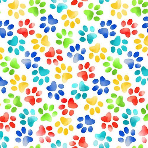 white Timeless Treasures colorful paw print fabric Fabric