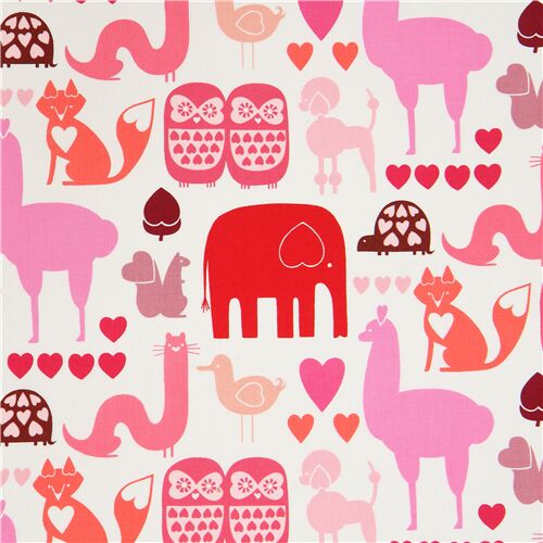 white animal fabric with hearts and elephants by Alexander Henry - modeS4u