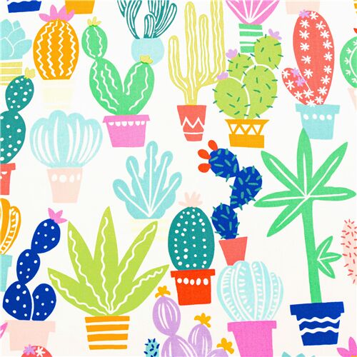 Tissu blanc catcus colors dans des pots fun pop art lumineux Tissu