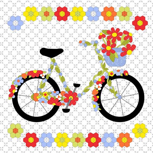 white big bicycle colorful flower double border fabric by Henry Glass 1
