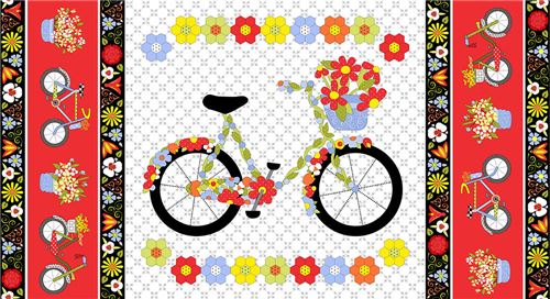 white big bicycle colorful flower double border fabric by Henry Glass 4