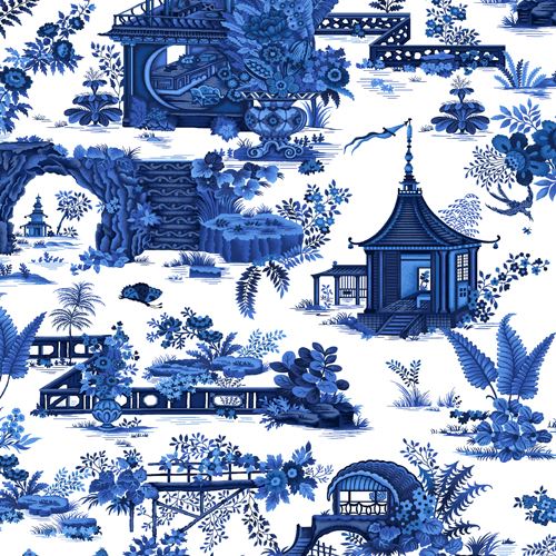 white blue ancient Asia style house garden fabric by Henry Glass Fabric ...