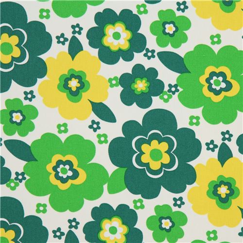 white canvas fabric pretty green yellow flower from Japan - modeS4u