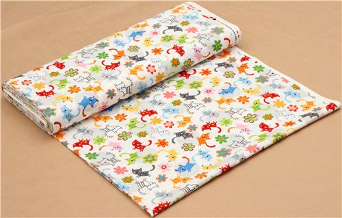 wei�er Katzen und Blumen Stoff von Robert Kaufman 3