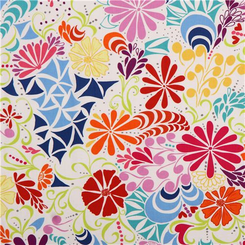 white colorful flower pattern fabric Robert Kaufman Ashton Road Fabric ...