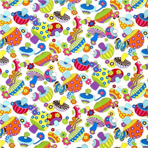 weisser bunte Pilze Stoff mit Schmetterlinge Blumen 2