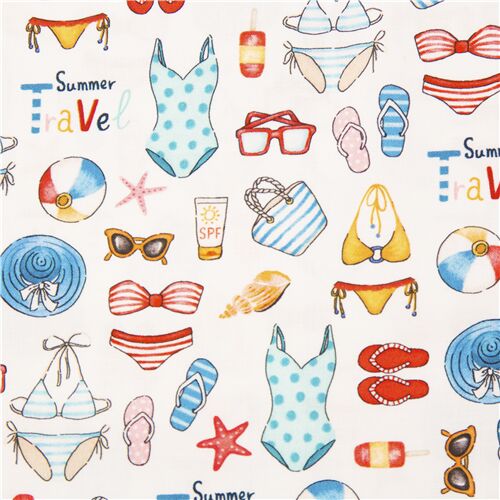 white cotton fabric Michael Miller with swimsuits and summer icons ...