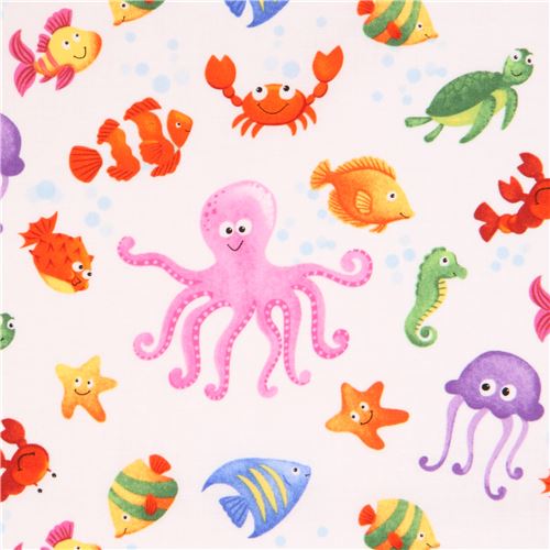 white cute colorful fish octopus crab fabric Little Mermaids 1
