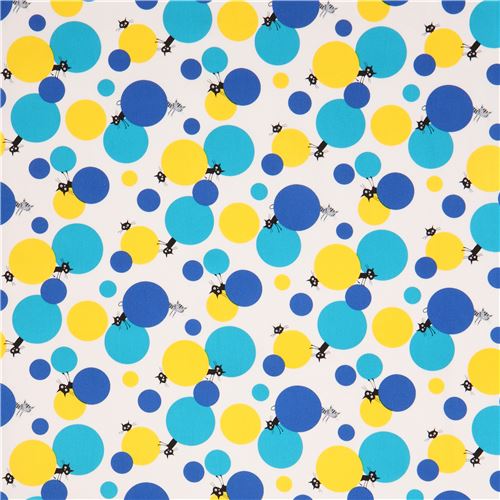 white cute small cat blue yellow circle Oxford fabric from Japan 2