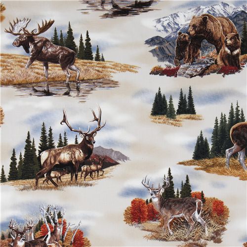 white deer fabric with elk bear Robert Kaufman 1