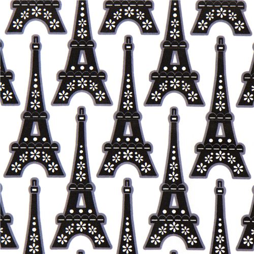 Tissu de créateur blanc motif Tour Eiffel & fleurs Tissu
