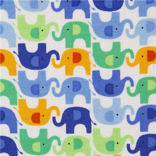 white animal fabric with small colourful elephants Fabric